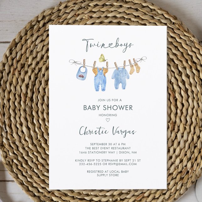 Twin Boys Clothes Watercolor Modern Baby Shower In Invitation (Creator Uploaded)