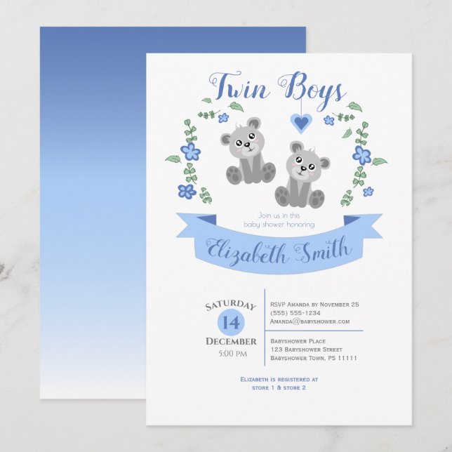 Twin Boys Cute bear babyshower Invitation (Front/Back)