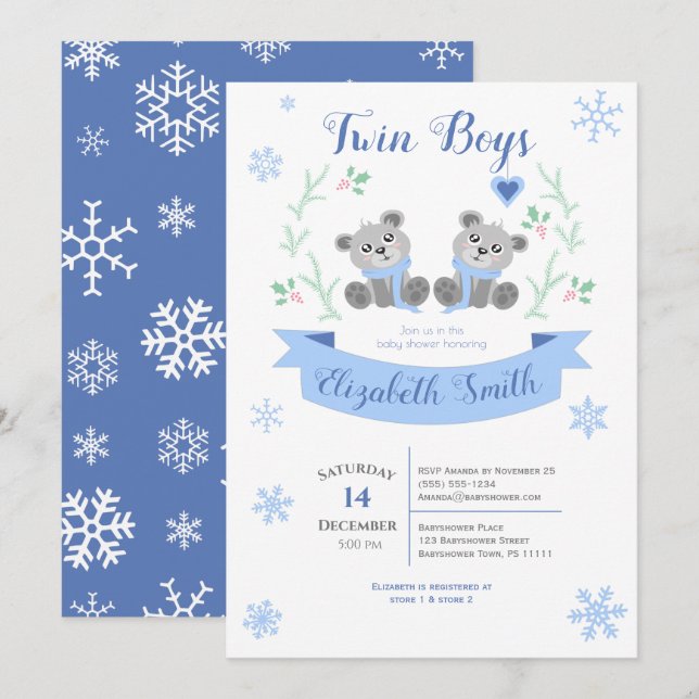 Twin Boys Cute bear winter babyshower Invitation (Front/Back)