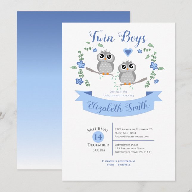 Twin Boys Cute owls babyshower Invitation (Front/Back)