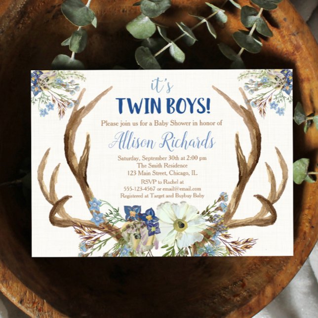 Twin boys deer antlers baby shower invitation  (Creator Uploaded)