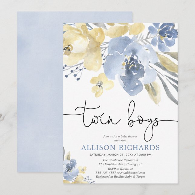 Twin boys Dusty blue yellow floral baby shower Invitation (Front/Back)