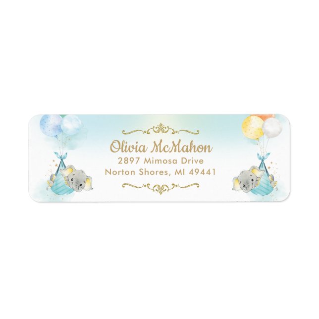 Twin Boys Elephant Baby Shower Return Address (Front)