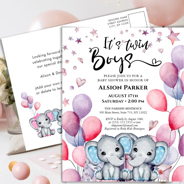 Twin Boys Elephant Blue Balloons Cute Baby Shower Invitation Postcard (Creator Uploaded)