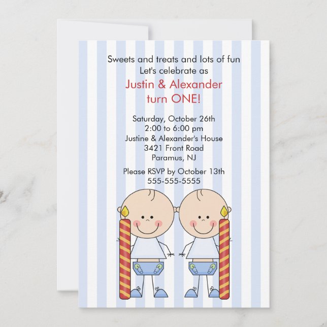 Twin Boys First Birthday Invitation (Front)