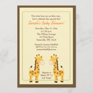 Twin Boys Giraffe 5x7 Baby Shower Invitation
