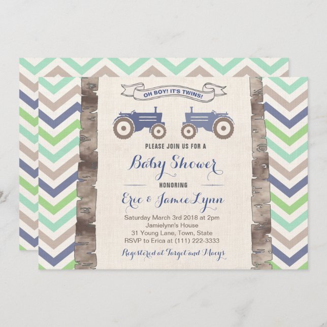 Twin boys green blue tractor chevron baby shower invitation (Front/Back)