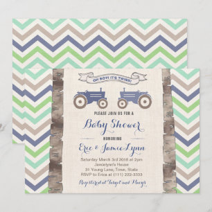 Twin boys green blue tractor chevron baby shower invitation