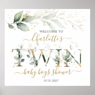 Twin Boys Green Foliage Welcome Baby shower sign