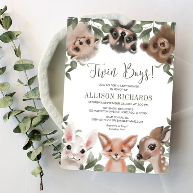 Twin boys greenery woodland animals baby shower invitation (Creator Uploaded)