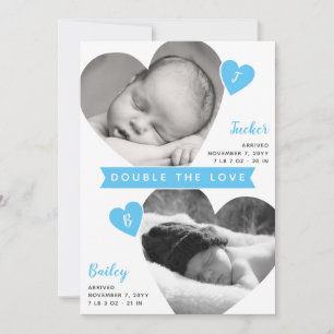 Twin Boys Heart Frames Blue Photo Collage Birth Announcement