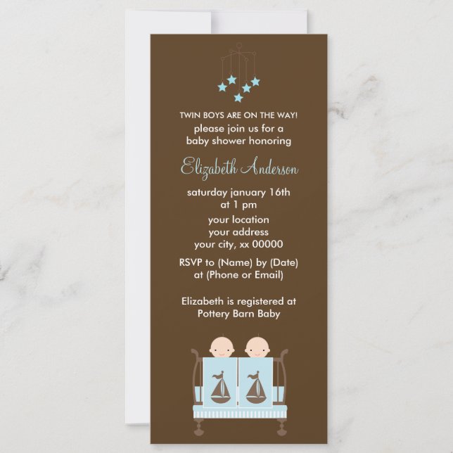 Twin Boys in Blue Crib Baby Shower Invitation (Front)