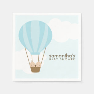 Twin Boys in Blue Hot Air Balloon Baby Shower Napkin
