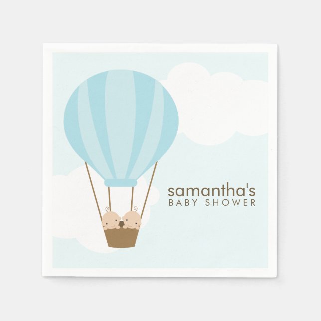 Twin Boys in Blue Hot Air Balloon Baby Shower Napkin (Front)