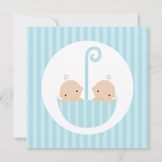 Twin Boys in Blue Umbrella Invitation (Front)