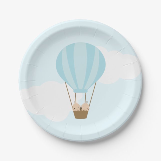Twin Boys in Hot Air Balloon Baby Shower Paper Plate (Front)