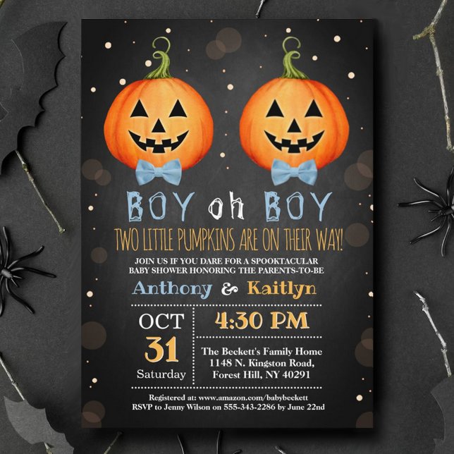 Twin Boys Little Pumpkin Halloween Baby Shower Invitation (Creator Uploaded)