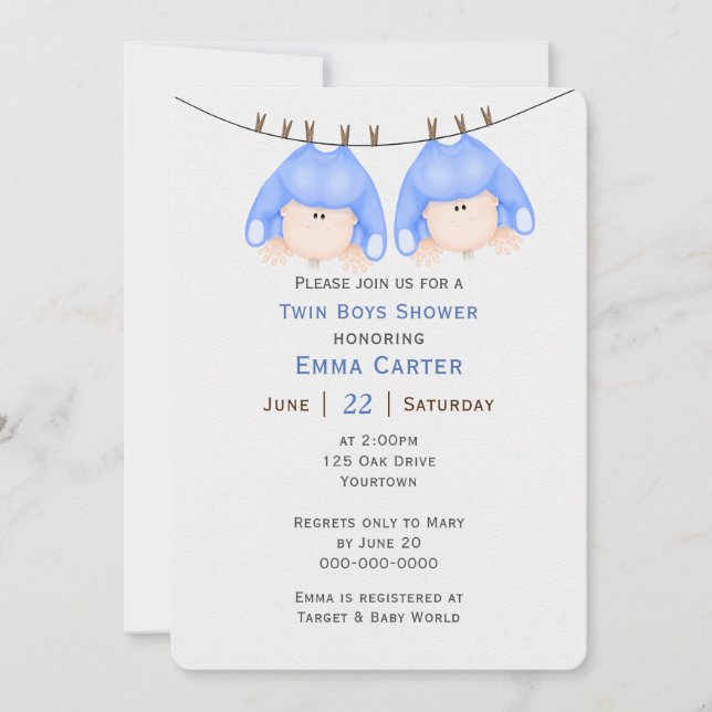 Twin Boys On Clothesline Baby Shower  Invitation (Front)