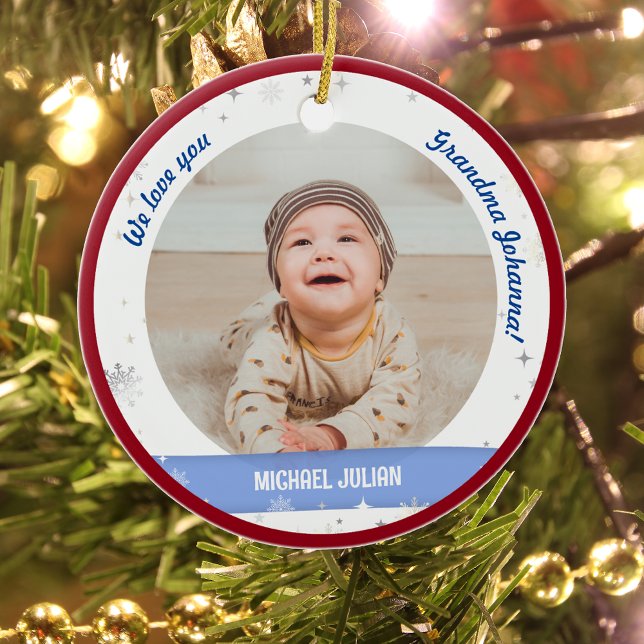 Twin Boys Photos Grandma Cute First Christmas Baby Ceramic Tree Decoration (Cute Modern Elegant Personalized First Christmas Baby We love you Grandma Twin Boys 2 Photos Snow)