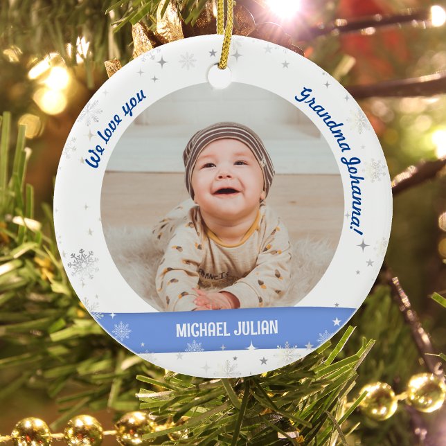 Twin Boys Photos Grandma Cute First Christmas Baby Ceramic Tree Decoration (Modern, Cute, Elegant We love you, Grandma! First Christmas Twin Baby Boys. 2 Photos. Snowflakes)