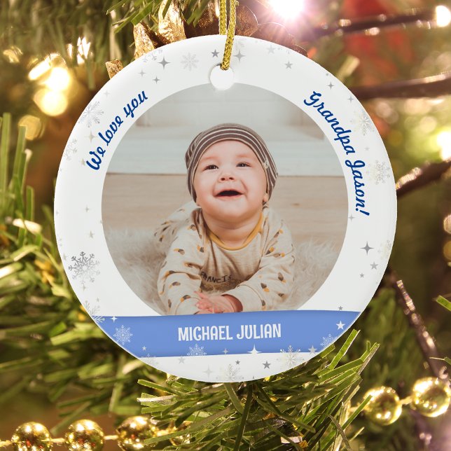 Twin Boys Photos Grandpa Cute First Christmas Baby Ceramic Tree Decoration (Modern Cute Elegant We love you, Grandpa! First Christmas Twin Baby Boys. 2 Photos. Snowflakes)