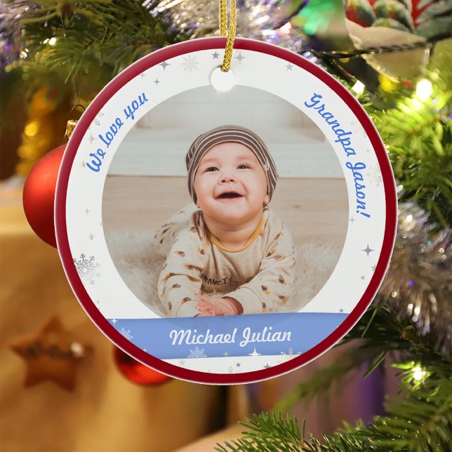 Twin Boys Photos Grandpa Cute First Christmas Baby Ceramic Tree Decoration (Modern Elegant Cute First Christmas Baby Twins Boys We love you Grandpa Snowflakes Stars Red Frame)