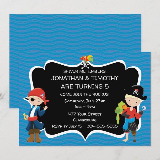 Twin Boys Pirate Birthday Party Invitation (Front/Back)