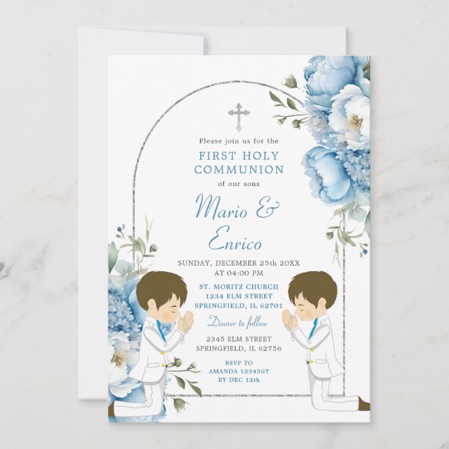 Twin Boys Praying 1st Communion Dusty Blue Arch Invitation (Front)