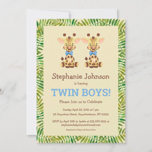 Twin Boys Safari Giraffe Cute Baby Shower Invitation (Front)