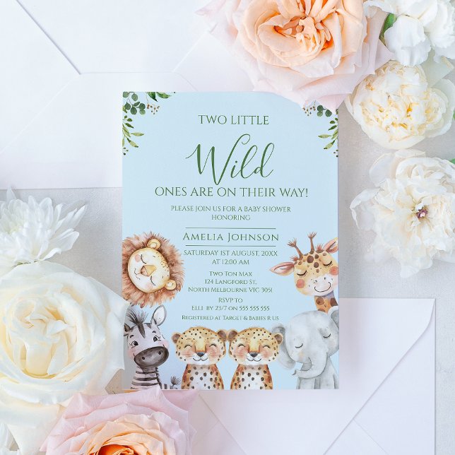 Twin Boys Safari Two Little Wild Ones Baby Shower Invitation (Boy Twins Safari Wild Ones Baby Shower Invitation, Two little Wild Ones Baby Shower Invite Twins)