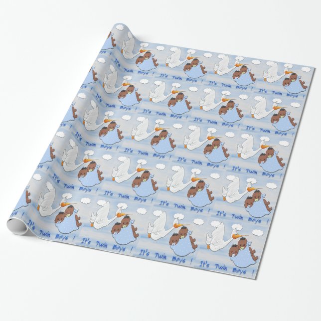 Twin Boys - Stork B Baby Shower Wrapping Paper (Unrolled)