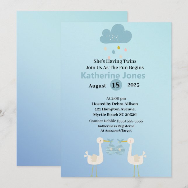 Twin Boys Stork Baby Shower Invitations (Front/Back)