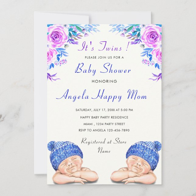 Twin Boys ! Sweet Sleeping Baby Shower Invitation (Front)