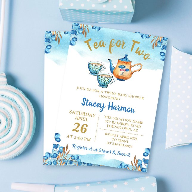 Twin Boys Tea Party Blue Watercolor Baby Shower Invitation (Creator Uploaded)