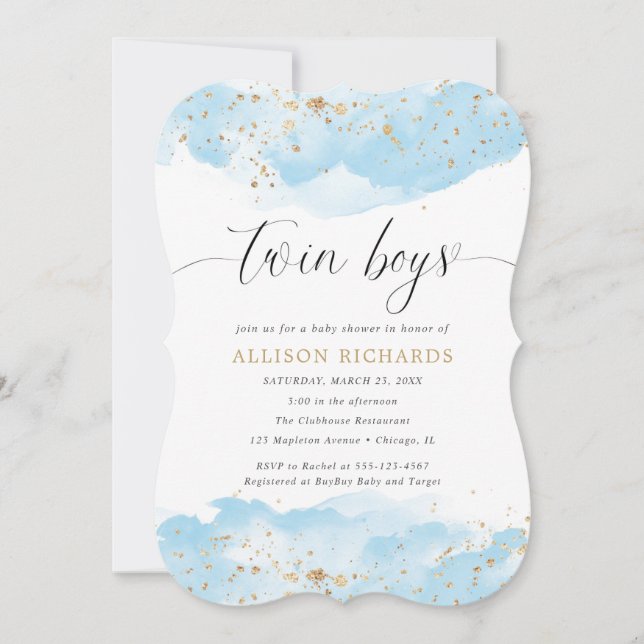 Twin boys watercolor baby blue gold glitter shower invitation (Front)