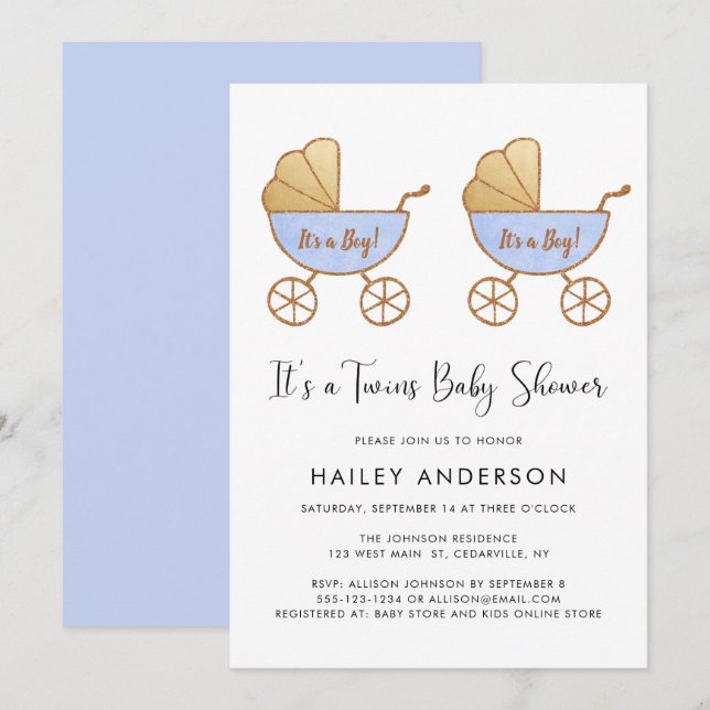 Twin Boys Watercolor Carriage Baby Shower Invitation (Front/Back)