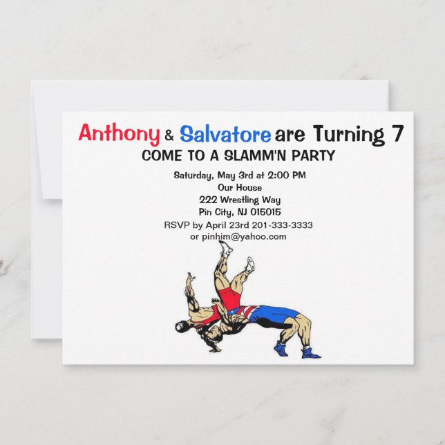 Twin Boys Wrestling Birthday Invitation (Front)