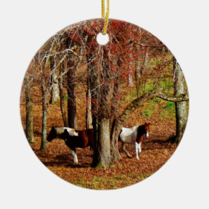 Twin Brown and White Horses Ceramic Tree Decoration