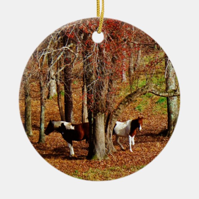 Twin Brown and White Horses Ceramic Tree Decoration (Front)