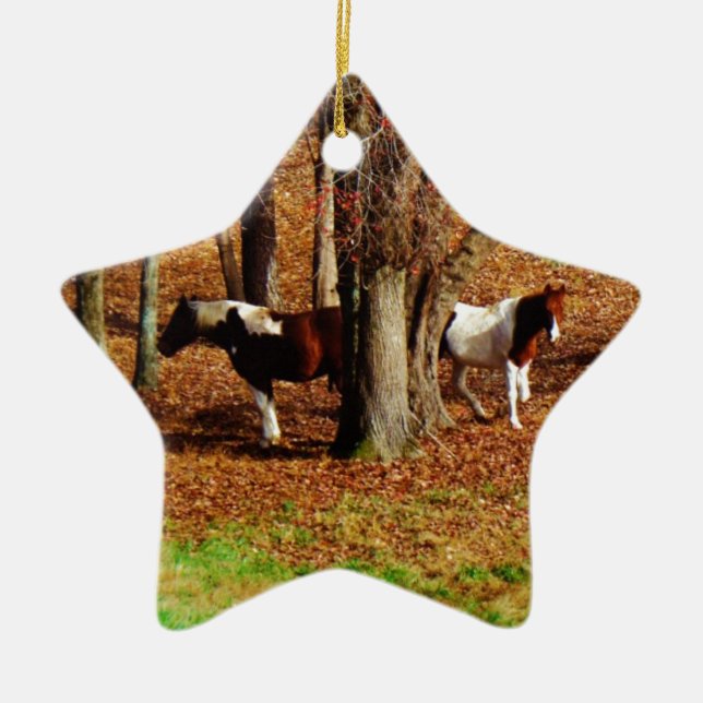 Twin Brown and White Horses Ceramic Tree Decoration (Front)