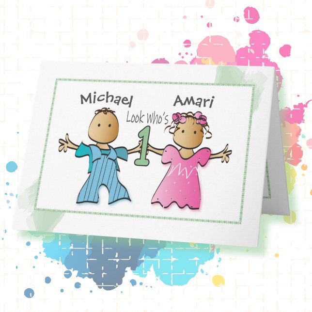 Twin Brown Girl and Boy Personalised 1st Birthday Card (Creator Uploaded)