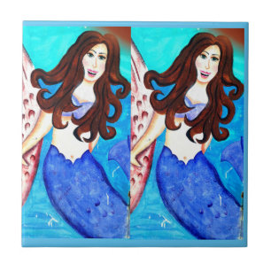 twin brunette mermaids blue tile