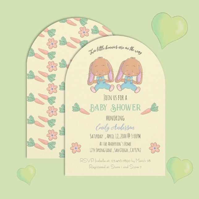Twin Bunnies Arch Yellow Baby Shower Invitation (Cute twin bunnies arched baby shower invitation .)