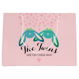  Twin Bunnies Baby Shower Cute  Pastel Pink Party Large Gift Bag