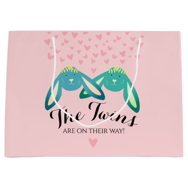  Twin Bunnies Baby Shower Cute  Pastel Pink Party Large Gift Bag (Front)