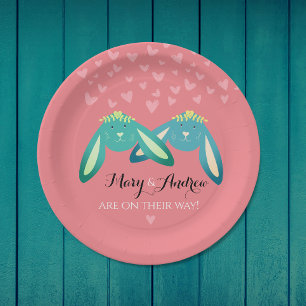 Twin Bunnies Baby Shower On Pastel Pink Party Paper Plate