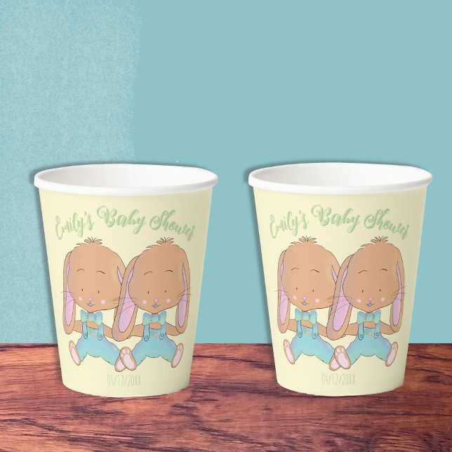 Twin Bunnies Baby Shower Yellow Paper Cup (Twin bunnies spring baby shower yellow paper cups)