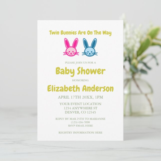 Twin Bunnies On The Way Baby Shower Invitation (Standing Front)