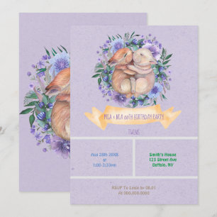 Twin Bunnies Purple Floral Birthday Party Invites