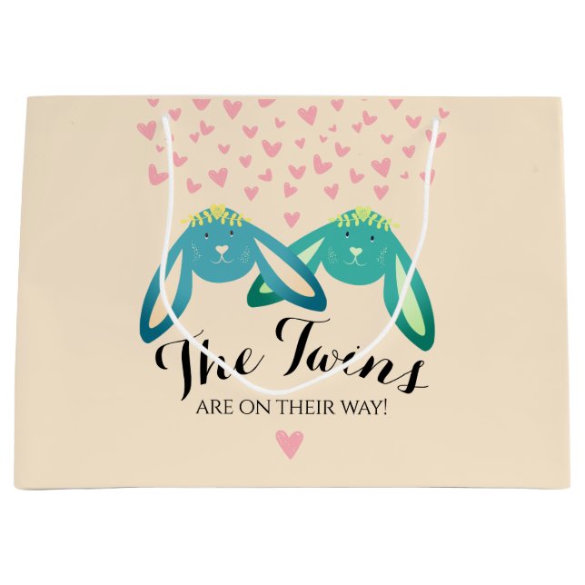  Twin Bunny Lovely Baby Shower Light Yellow Party Large Gift Bag (Front)